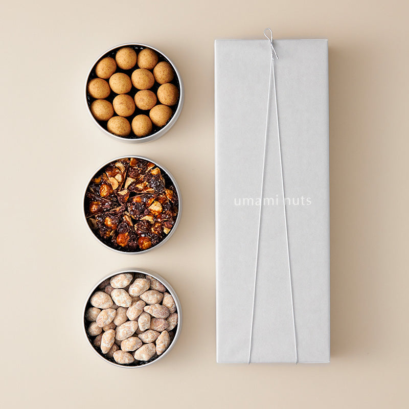 3缶セット（カカオニブと黒糖ヘーゼルナッツ・ポルチーニ・レモン醤油）